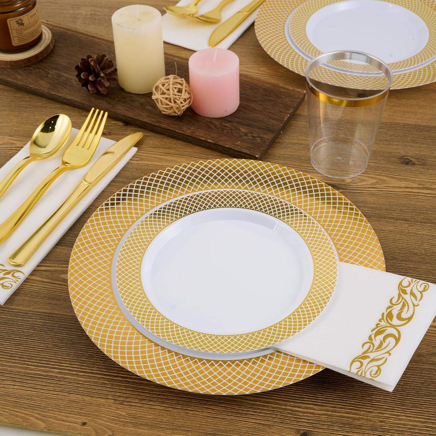 FOCUSLINE Gold Plastic Plates Set of 102, Disposable Plates with Gold Grid Rim 51 Dinner Plates 10" and 51 Salad Dessert Appetizer Plate 7", Elegant Fancy Heavy Duty Wedding Party Plate