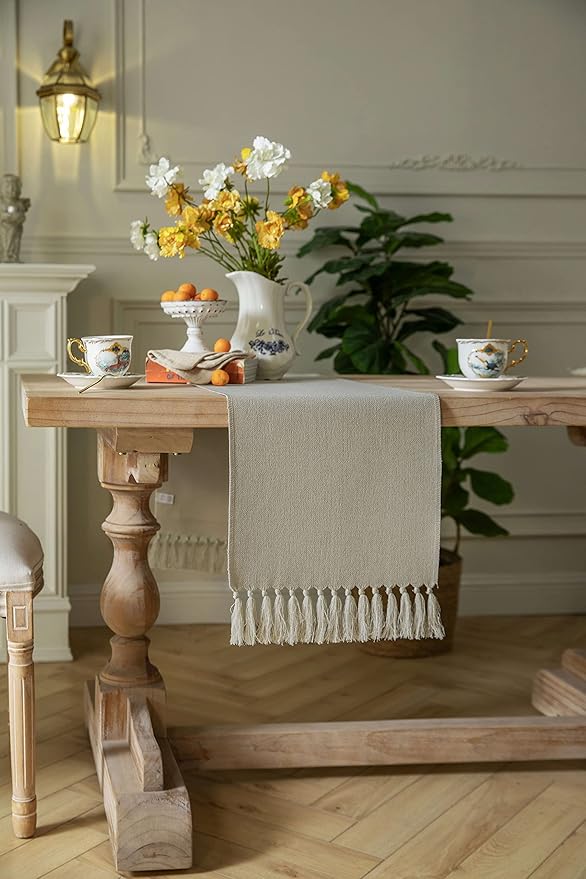 ZeeMart Natural Table Runners 108 Inches Long, Burlap Linen Style Rustic Farmhouse Table Runner, Long Boho Dining Table Runner, 13x108 Inches, Natural