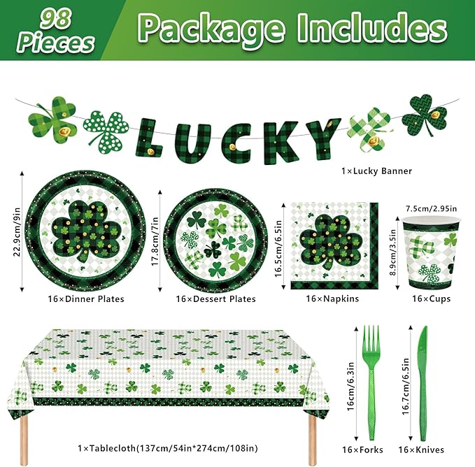 98PCS St Patrick's Day Party Supplies Green Irish Shamrock Tableware Set Lucky Shamrock Birthday Party Supplies St Patrick's Day Party Decorations Irish Shamrock Paper Plates and Napkins for 16 Guests