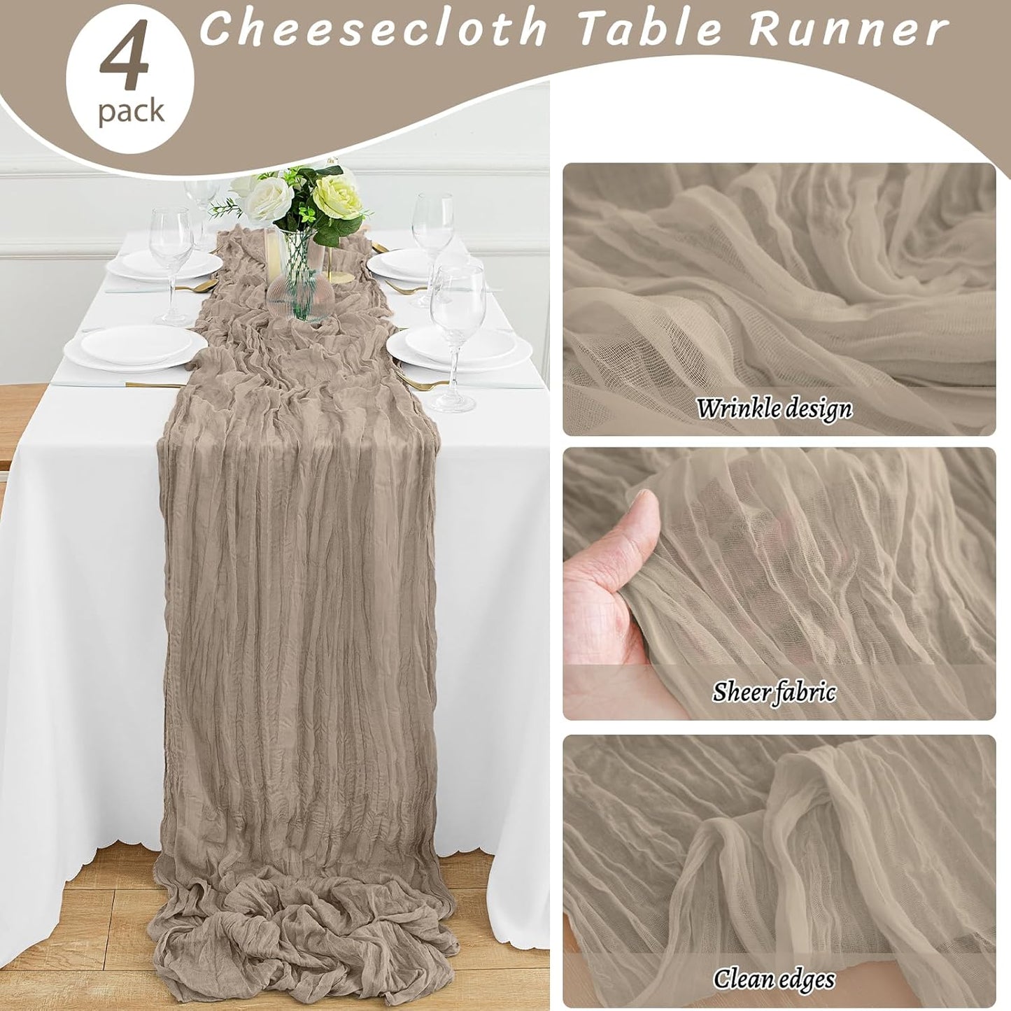 4Pack Nude Table Runner 10FT Cheesecloth Table Runner 35x120Inch Long Boho Cheese Cloth Table Runners Rustic Gauze Table Runners for Party Wedding Bridal Shower Baby Shower Decorations