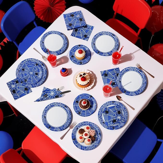 75pcs Spider Party Supplies, 25 Guest Disposable Blue Paper Plates & Napkins, Tableware Decorations Favors, Including 9" & 7" Plates & Napkins for Halloween, Birthday, Parties, and Everyday Use