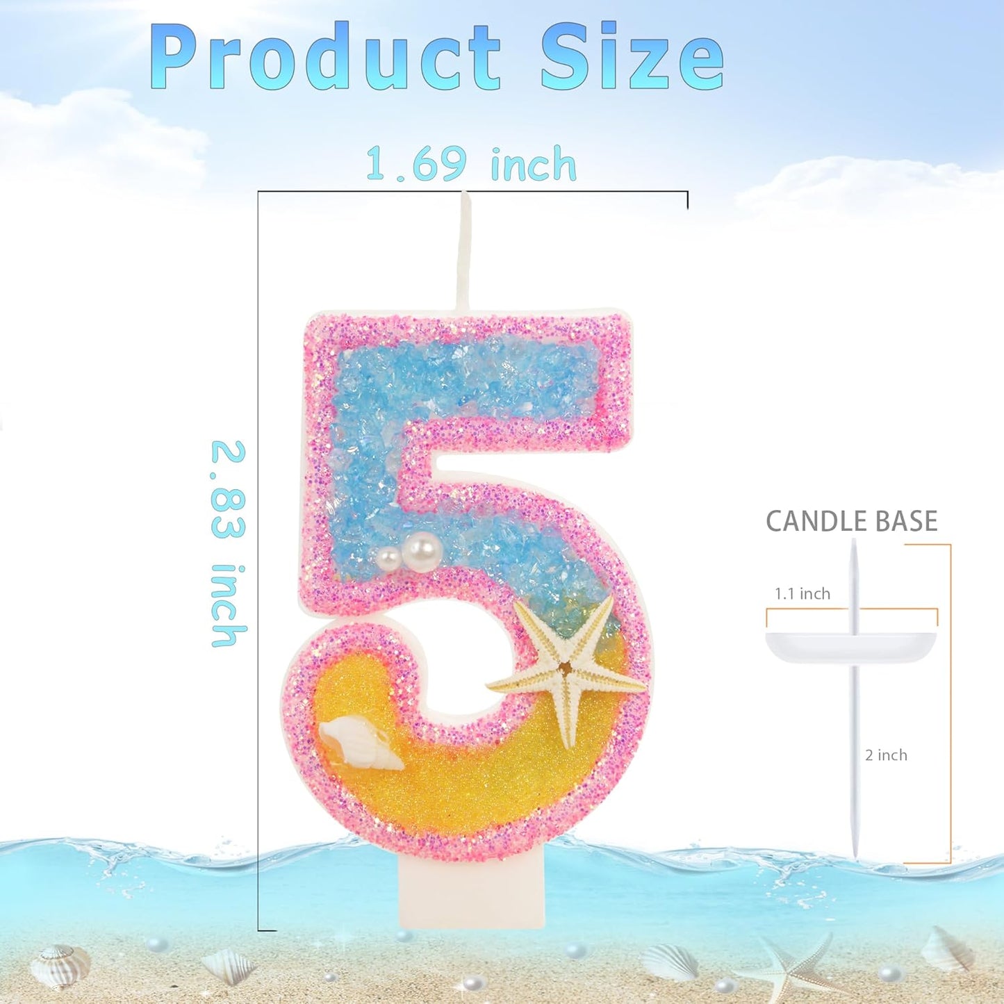 5th Birthday Candle for Cake, Pink Beach Starfish Sequins Number Cake Candles, 2.76 inch Pink Cake Topper Decoration for Birthday Party (Number 5)