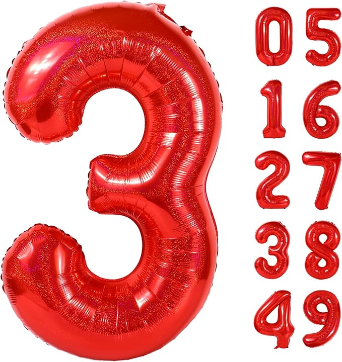 Laser Red 3 Balloon, Number Balloons 40 Inch, 3rd Birthday Decorations for Kids Girls Women Party Supplies for Party Decorations, Number 3 Balloon
