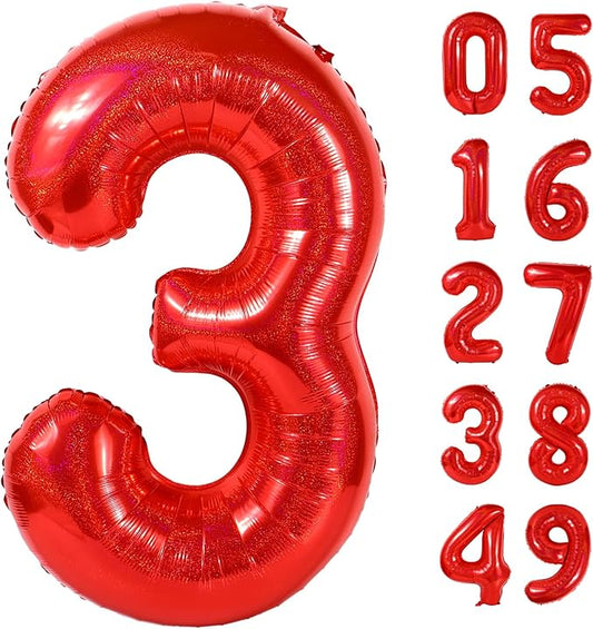 Laser Red 3 Balloon, Number Balloons 40 Inch, 3rd Birthday Decorations for Kids Girls Women Party Supplies for Party Decorations, Number 3 Balloon