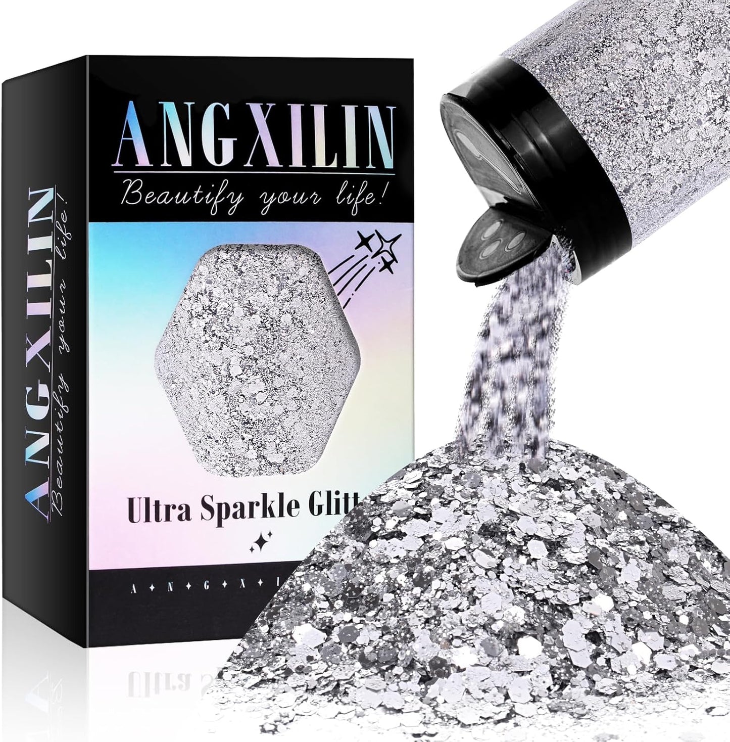 Holographic Chunky Glitter, 190g/6.7oz Chunky and Fine Mixed Craft Glitter, Bulk Laser Sequin Glitter for Face Body Nail Art,Epoxy Resin Tumbler Jewelry Making Glitter (Silver)
