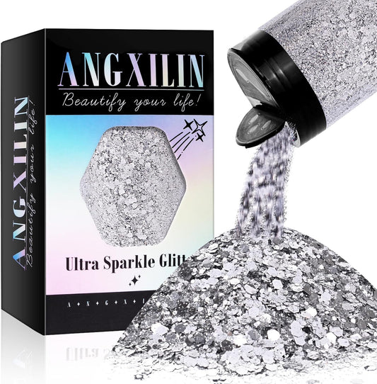 Holographic Chunky Glitter, 190g/6.7oz Chunky and Fine Mixed Craft Glitter, Bulk Laser Sequin Glitter for Face Body Nail Art,Epoxy Resin Tumbler Jewelry Making Glitter (Silver)