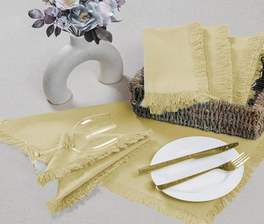 Bedding Craft Cotton Cloth Dinner Napkins Set of 12 – 18x18 French Vanilla Light Yellow with Fringed Corners – Machine Washable Fabric Napkins for Weddings, Baby Showers & Table Décor
