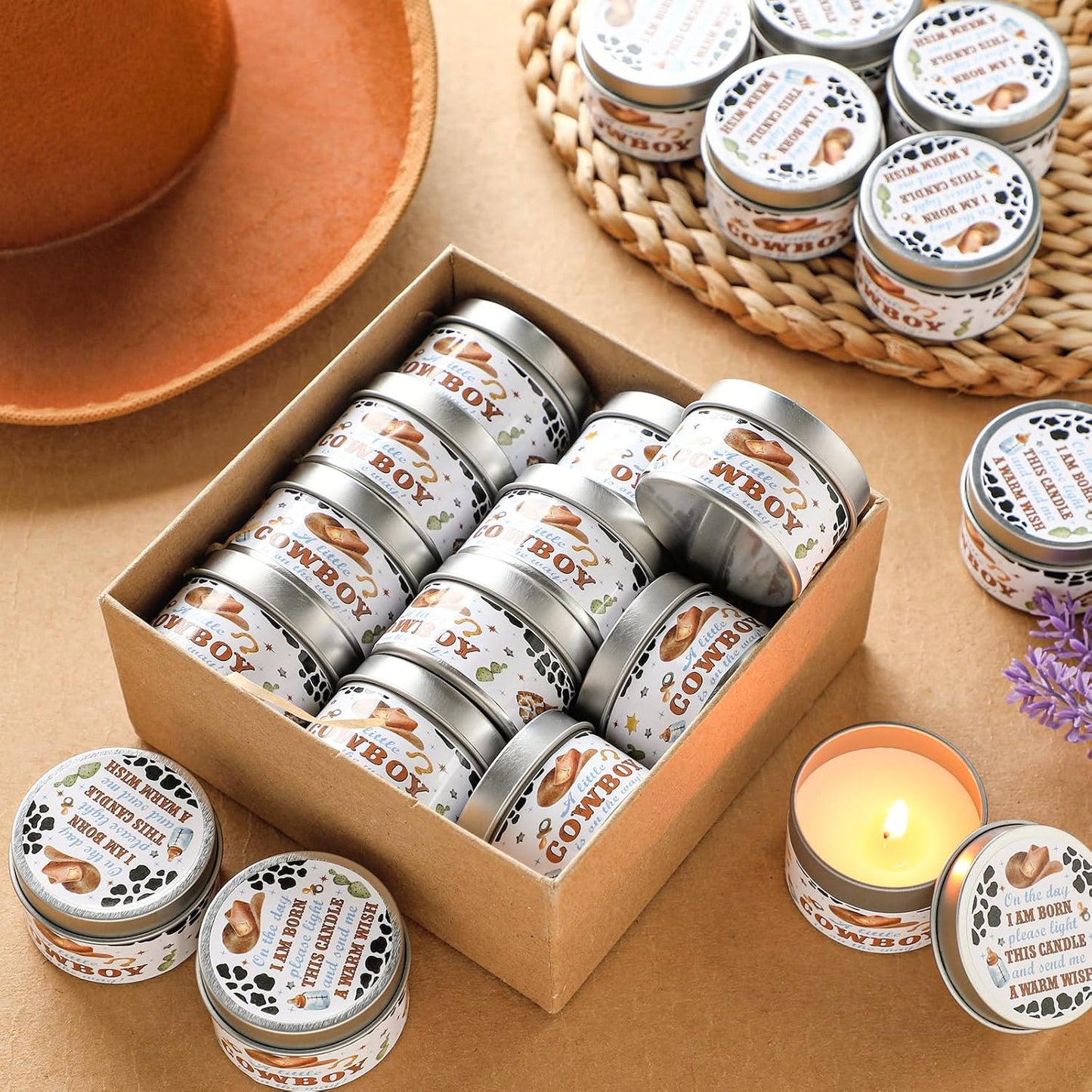 MTLEE 24 Pcs Cowboy Baby Shower Party Favors Candles Lavender Scented Baby Shower Favors for Guests Rustic Tealights Candles Gender Reveal Return Gifts Girl Boy(1.2 Oz, White)