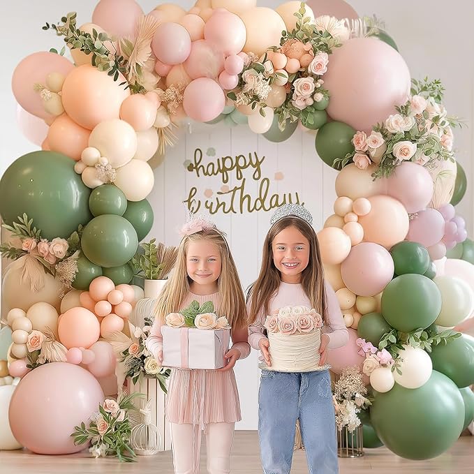 Pink and Green Balloon Arch Kit, Pink White and Green Balloon Arch Kit with Mixed Size Sage Green Pastel Pink Sand White Light Orange Balloons for Wedding Birthday Party Bridal Shower Decorations