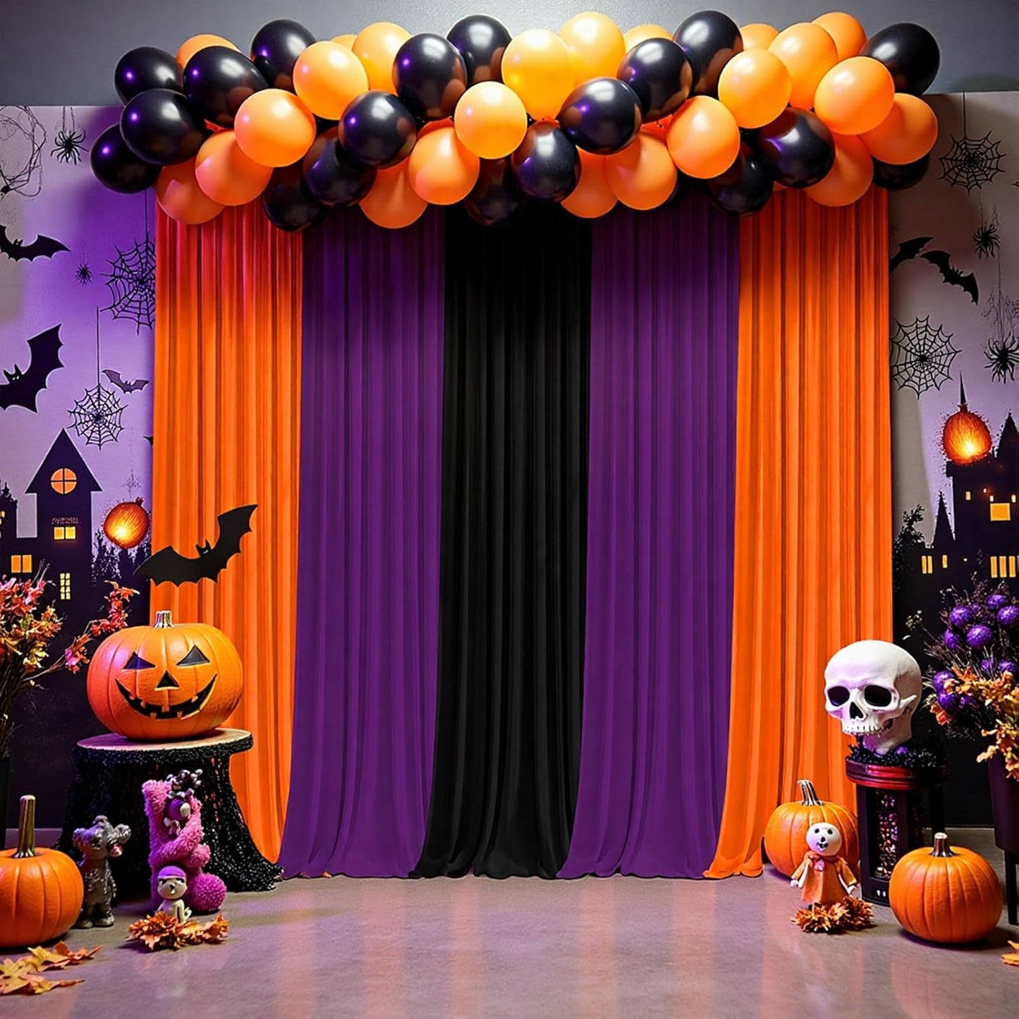Halloween Backdrop Curtain,10×7ft Black Orange Purple Party Background Decor for Spooky Parties Photo Booths Home Haunted House Reusable Holiday Wall Decoration for Adults Teens