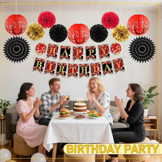 14Pcs Hibachi Party Decorations, Japanese Lanterns with Cherry Blossom Patterns Tissue Paper Pom Poms Circle Dots Garland Happy Birthday Banner Set for Japanese party decorations