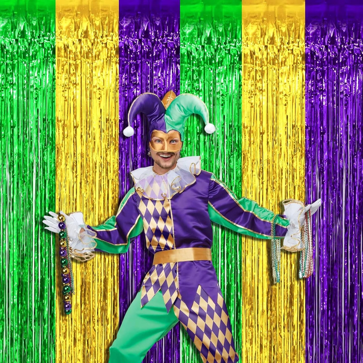 4 Pack Mardi Gras Foil Fringe Curtain Backdrop, 3.28Ft x 6.56Ft Gold Green Purple Metallic Tinsel Foil Fringe Streamers Curtains for Photo Booth, Wedding, Birthday, Carnival Party Decoration