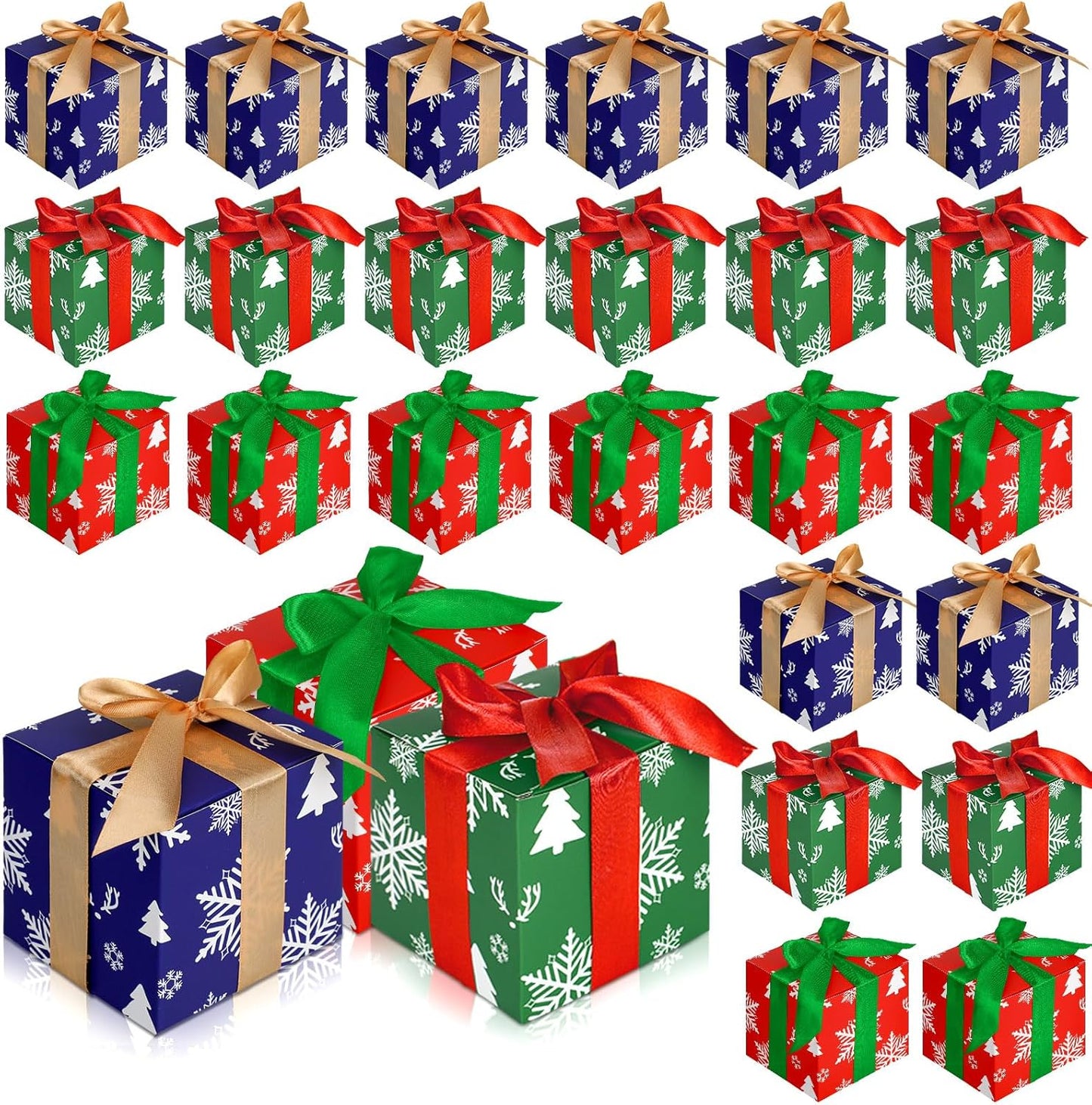 Fulmoon 48 Pcs Christmas Gift Boxes with Lids Small Squared Boxes with Ribbon Bow 4x4x4 Inch Snowflake Christmas Tree Deer Horn Small Gift for Holiday Party