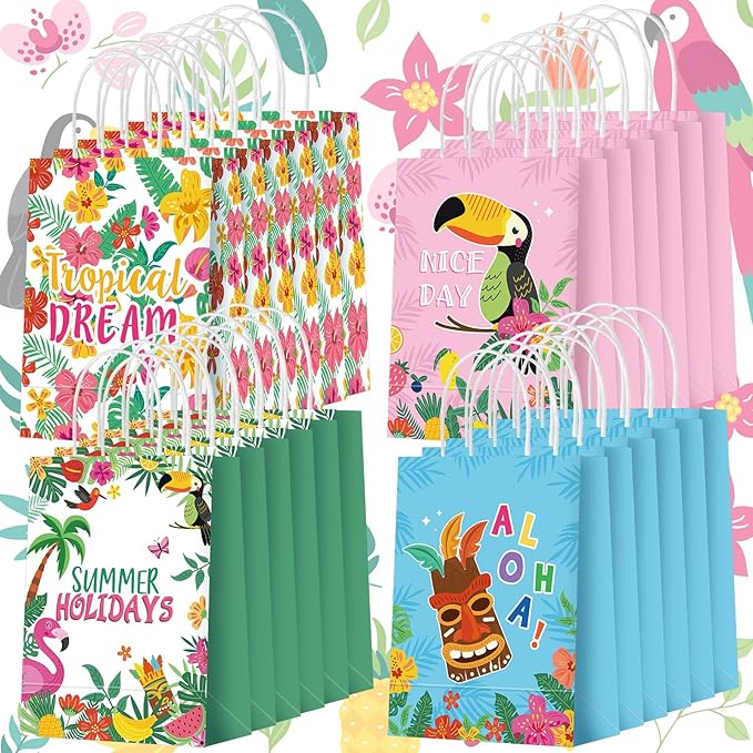 Outus 24 Pcs Summer Hawaiian Party Favor Bags Tropical Goodie Gift Paper Bags with Handles Aloha Tiki Luau Palm Leaves Flamingo Treat Candy Pouch for Summer Party Birthday Decor Baby Shower Supplies