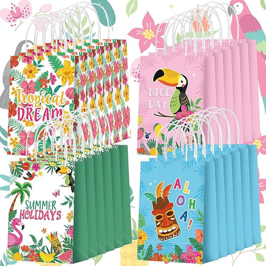 Outus 24 Pcs Summer Hawaiian Party Favor Bags Tropical Goodie Gift Paper Bags with Handles Aloha Tiki Luau Palm Leaves Flamingo Treat Candy Pouch for Summer Party Birthday Decor Baby Shower Supplies