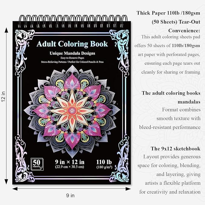 Mandala Coloring Book for Adults Hardcover: 50 Unique Designs Spiral Coloring Book for Adults with Perforated Pages. (Mandala Designs, 9 x 12 inches, 50 Sheets)