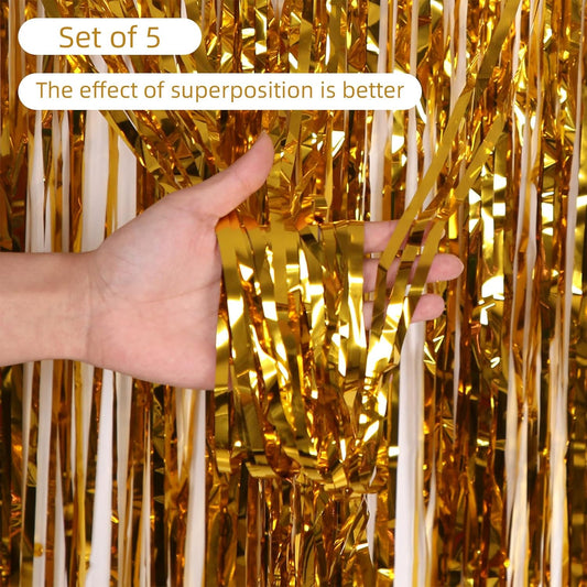 5 Pack Gold Foil Curtain Backdrop 3.2ft x 9.8ft Metallic Tinsel Foil Fringe Curtains Streamer Photo Booth Backdrop for Birthday Party Engagement Bachelorette Party Decorations (Gold)
