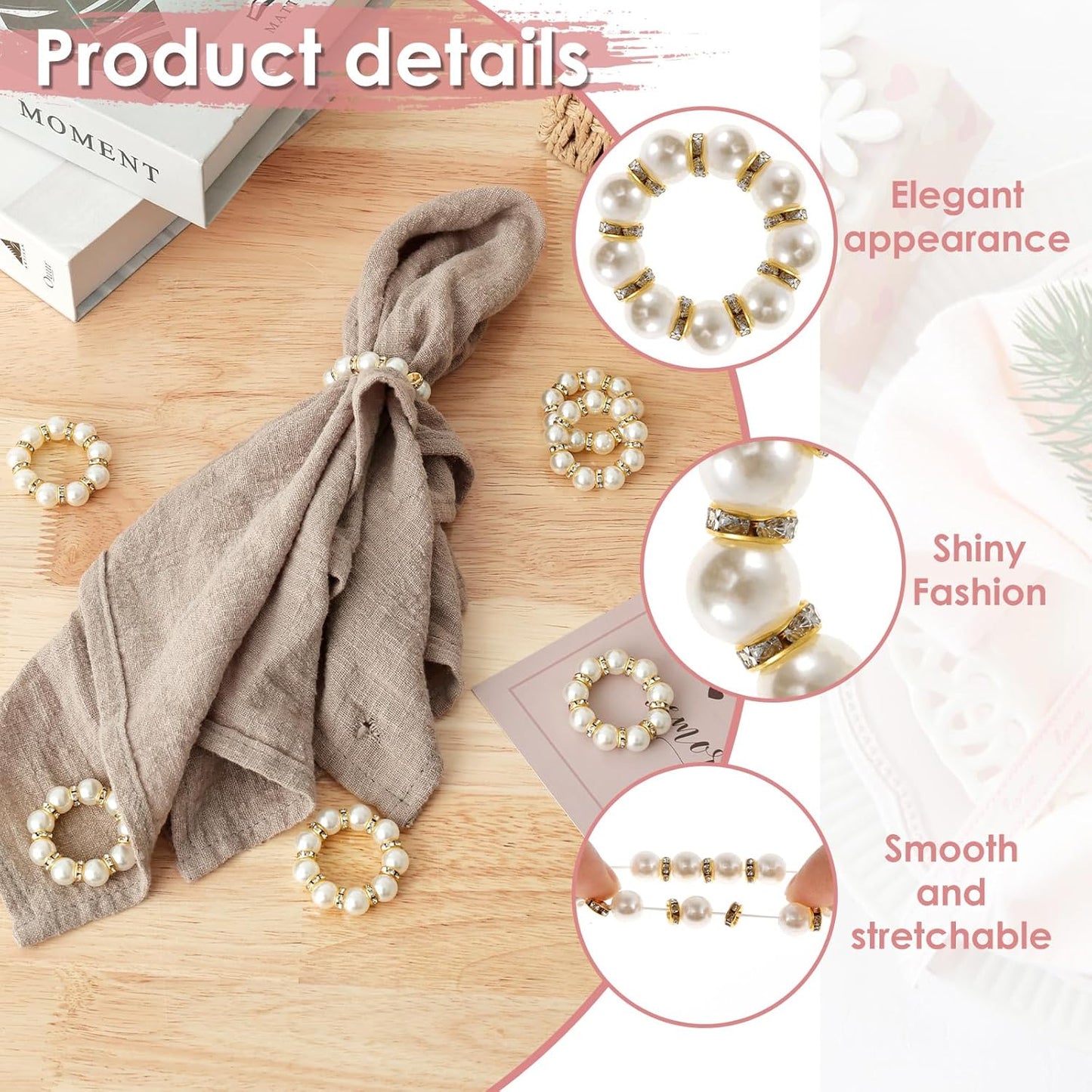 120 Pcs Gold Napkin Rings, Imitation Pearl Napkin Ring Set, Disposable White & Gold Beaded Napkins Rings for Wedding Party Home Reunion Table Decorations
