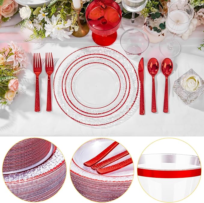 Ciaell 150 PCS Red Plastic Plates – Clear Hammered Disposable Plates with Red Rim include 50Plates, 25Forks, 25Knives, 25Spoons, 25Cups for Wedding & Party & Anniversary