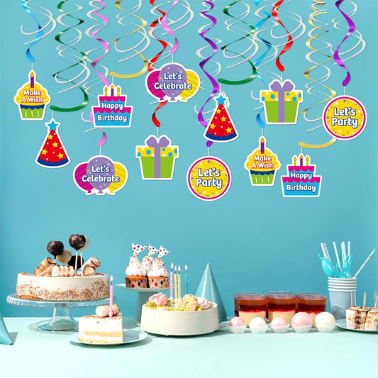 18Pcs Birthday Party Hanging Decorations - Colorful Swirl Streamers with "Happy Birthday," "Let's Celebrate," & "Make a Wish" Signs | Perfect for Parties, Birthdays, and Celebrations