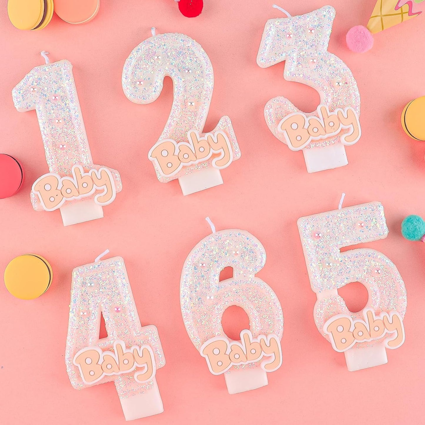 Pink Baby Birthday Number Candles, Birthday Candles for Cake, Glitter Number 6 Cake Topper with Sequins for Girls, Baby Baptism Party Cake Decorations