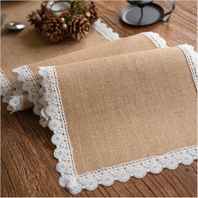 Natural Jute Table Runner, Burlap Style Table Runner, Rustic Farmhouse Table Runner Country Vintage for Wedding, Party Table Decorations, Boho Décor Jute Round Lace Edge 12x48 inch TAB28