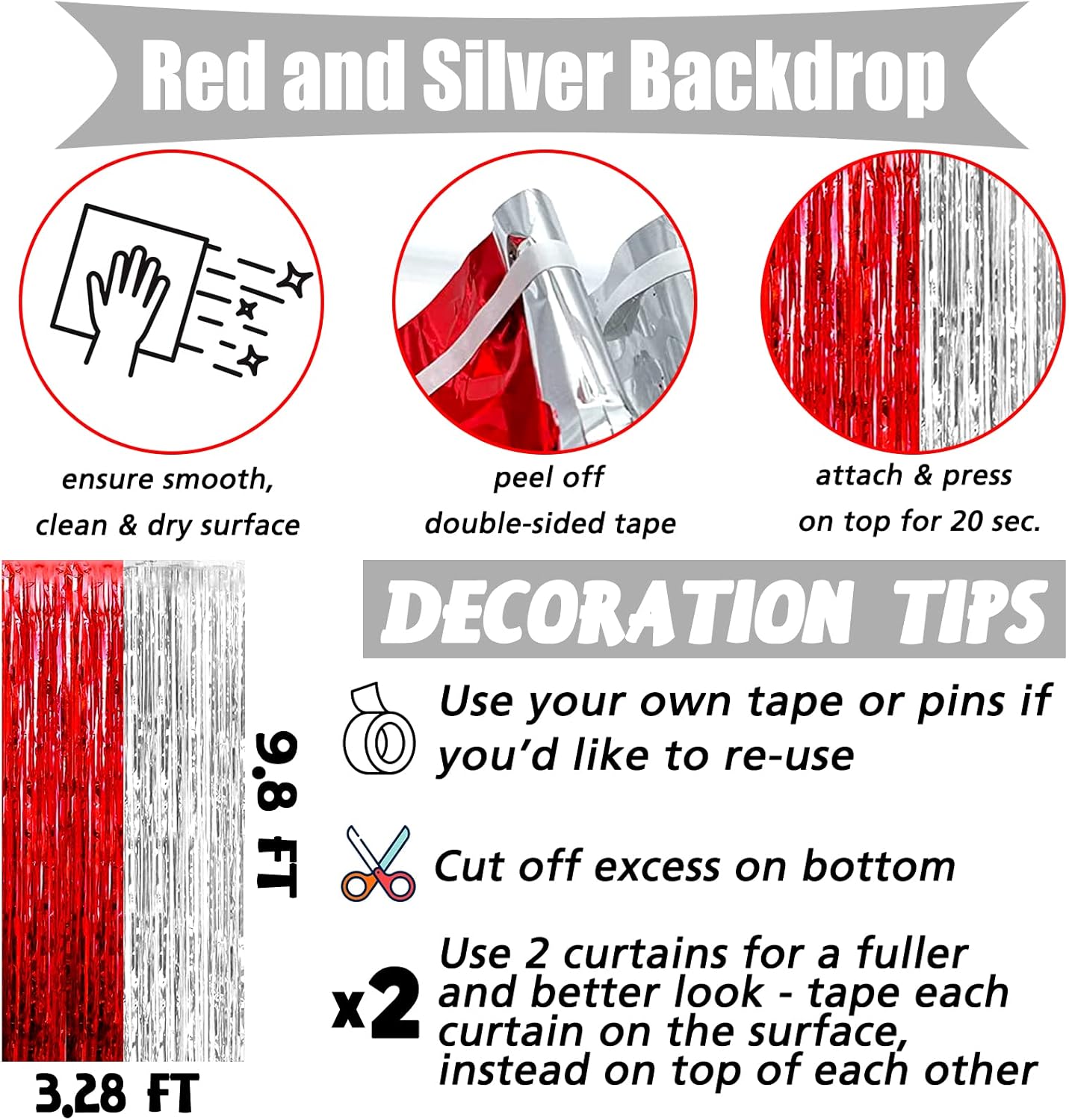 4 Pack 3.2Ft x 9.8Ft Red and Silver Fringe Curtain Backdrop, Metallic Tinsel Foil Fringe Streamers Curtains Background for Photo Booth Wedding Circus Welcome Carnival Birthday Party Decorations