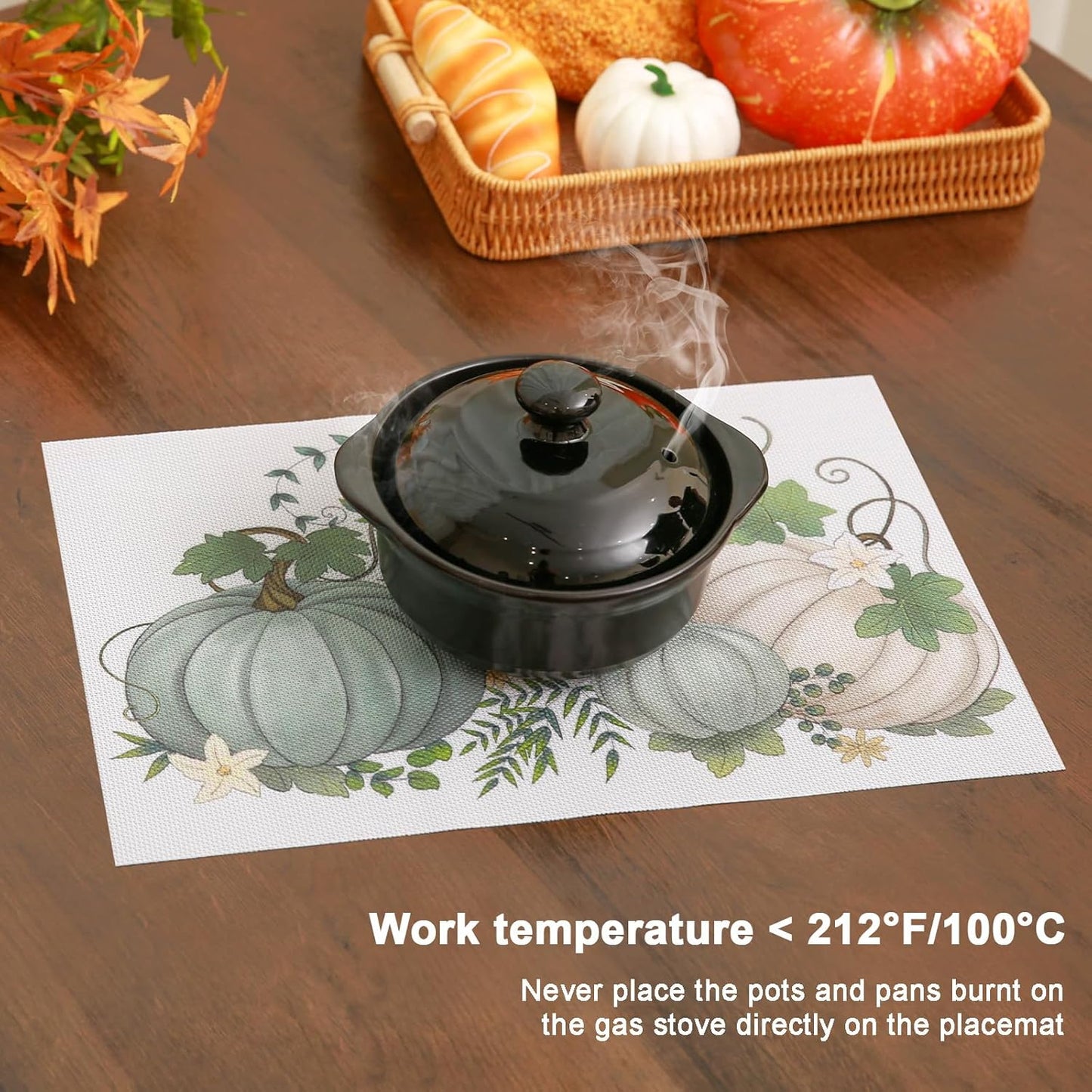Thanksgiving Placemats Set of 6 Fall Place Mats Pumpkin Maple Leaves Table Mats Washable Non-Slip Heatproof Woven Placemats for Dining Table (17.7" X 11.8")