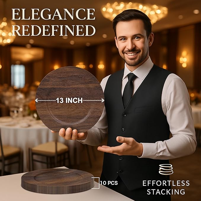 JEVERGN 10 Pack Farmhouse Charger Plates, 13'' Faux Wood Chargers for Dinner Plates, Brown Plate Chargers Set of 10, Round Plastic Charger for Wedding, Party Event, Dinner, Table Setting