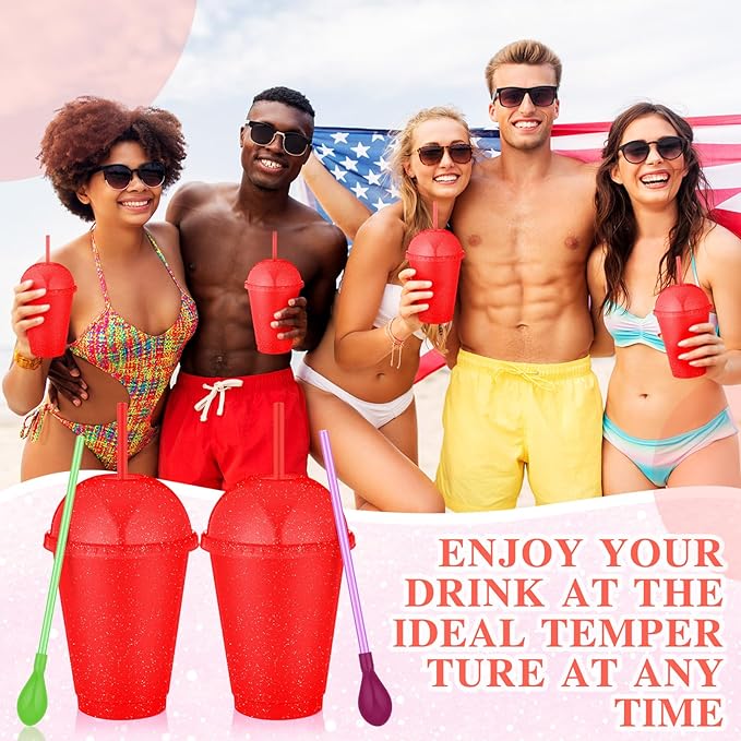 6 Set Slushie Cups with Dome Lids and Straws Detachable Spoon Straws Reusable Plastic Iced Coffee Cups Smoothie Tumbler for Birthdays Summer Party Supplies(Red,16 oz)