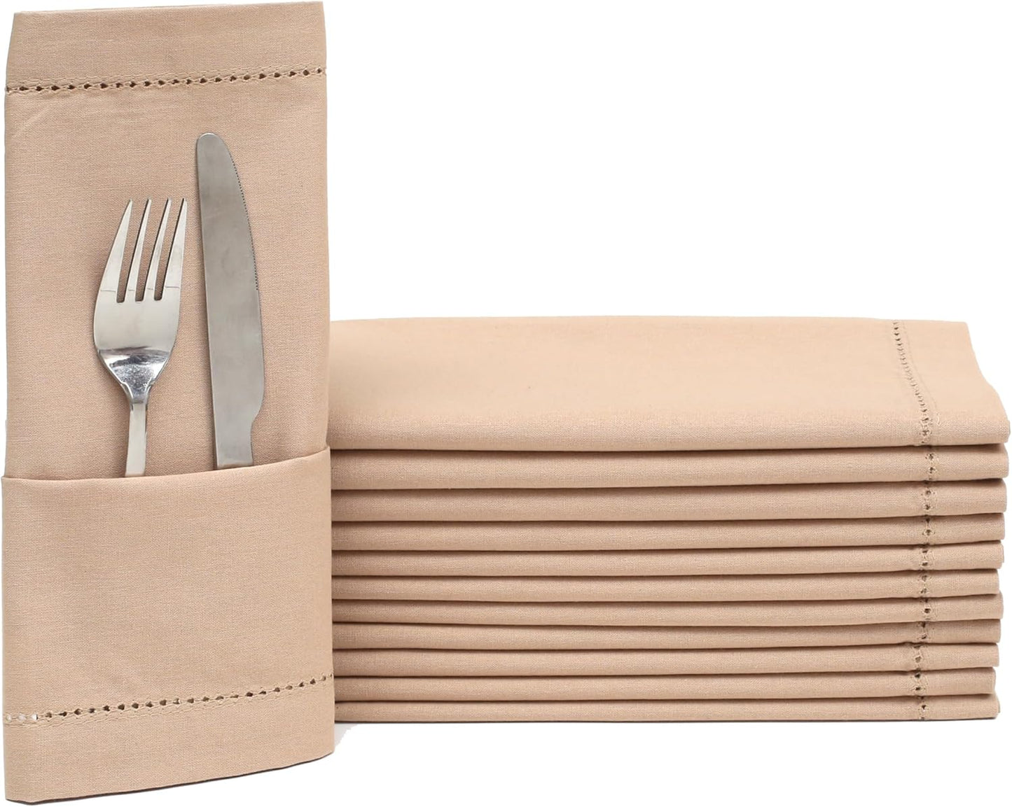Lightnpro Cloth Dinner Napkins Set of 12 - Hemstitched Dinner Cloth Napkins, Washable and Reusable Natural Flax Napkins for Dining, Parties, Weddings, Holiday & Everyday Use - 18x18 Inch Beige