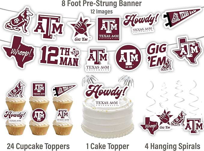 Texas A&M Party Supplies for TAMU Football, Birthday Gift, Graduation Party Banner and Cake Toppers (42 Pieces)(Texas A&M Aggies)