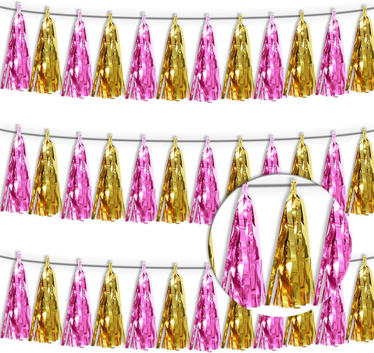 3P Gold Pink Tassel Banner Garland Metallic Foil Fringe Banner Tinsel Tassels Streamer Banner Backdrop for Parade Floats, Graduation, Wedding, Bachelorette, Birthday, Retirement Party Decorations