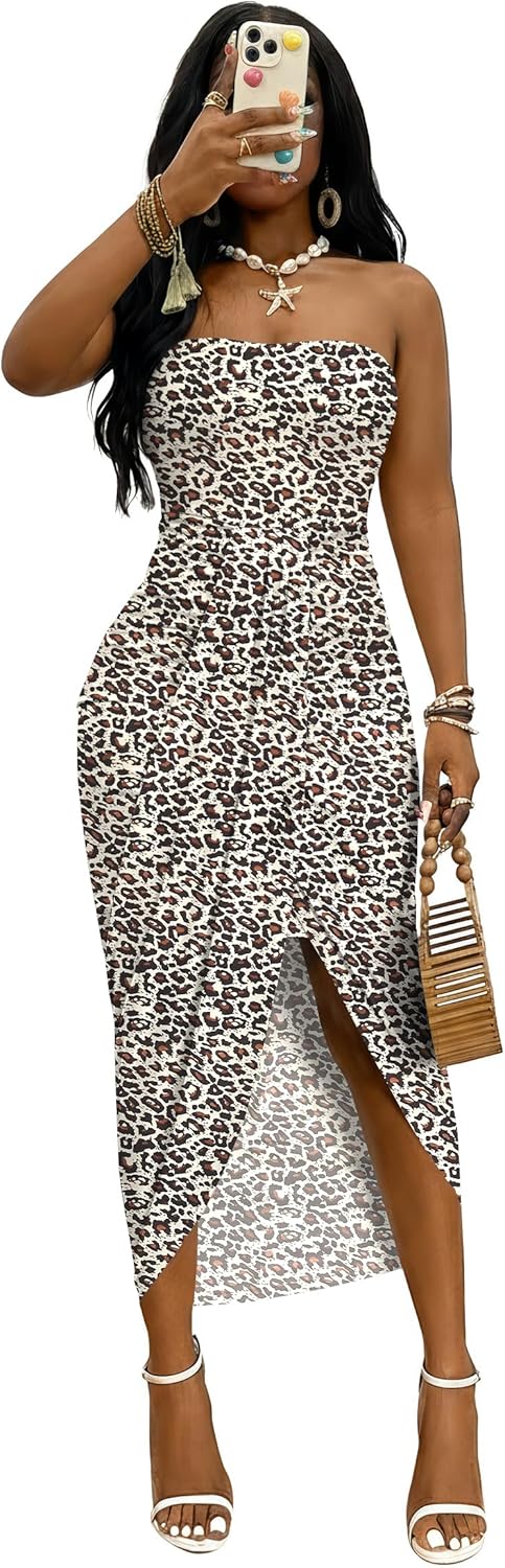 Umenlele Women's Strapless Ruched High Waist Wrap Split Asymmetrical Beach Maxi Long Dress