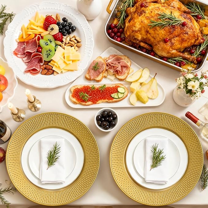 DEAYOU 12 Pack Gold Charger Plate, 13 Inch Beaded Chargers for Dinner Plates, Plastic Reusable Round Charger Platters for Wedding, Table Setting, Serving, Party, Decoration, Event, Holiday
