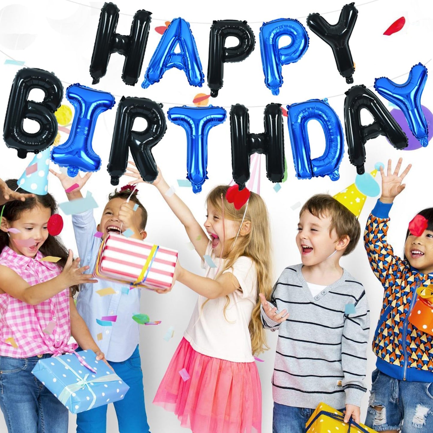 TONIFUL Happy Birthday Balloons Banner with Ribbon Straw, 16 Inch Mylar Letters Birthday Sign Banner Balloon Bunting Reusable for Girls Boys Kids & Adults Birthday Halloween Supplies（Black Blue）