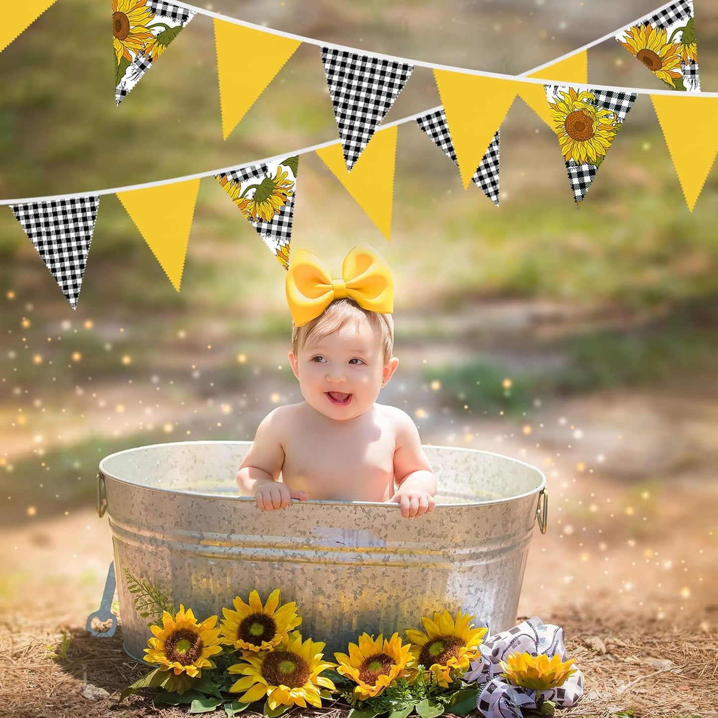 32Ft Yellow and Black Plaid Sunflower Pennant Banner Fabric Triangle Flag Bunting Garland for Sunflower Spring Summer Birthday Wedding Baby Bridal Shower Tea Party Outdoor Garden Hanging Decorations