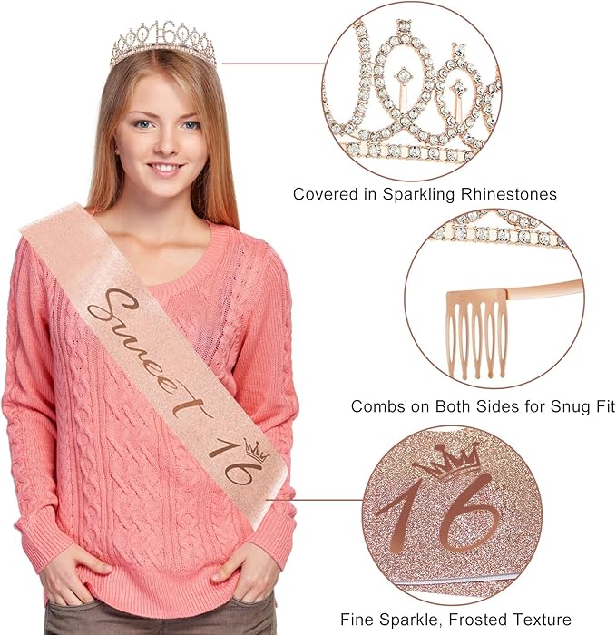 16th Birthday Decorations for Girls, 33pcs Sweet 16 Crown and Sash, Black Rose Gold Happy 16th Birthday Banner Balloons Backdrop Hanging Swirls Paper Fans, Sixteen Party Decorations Kit