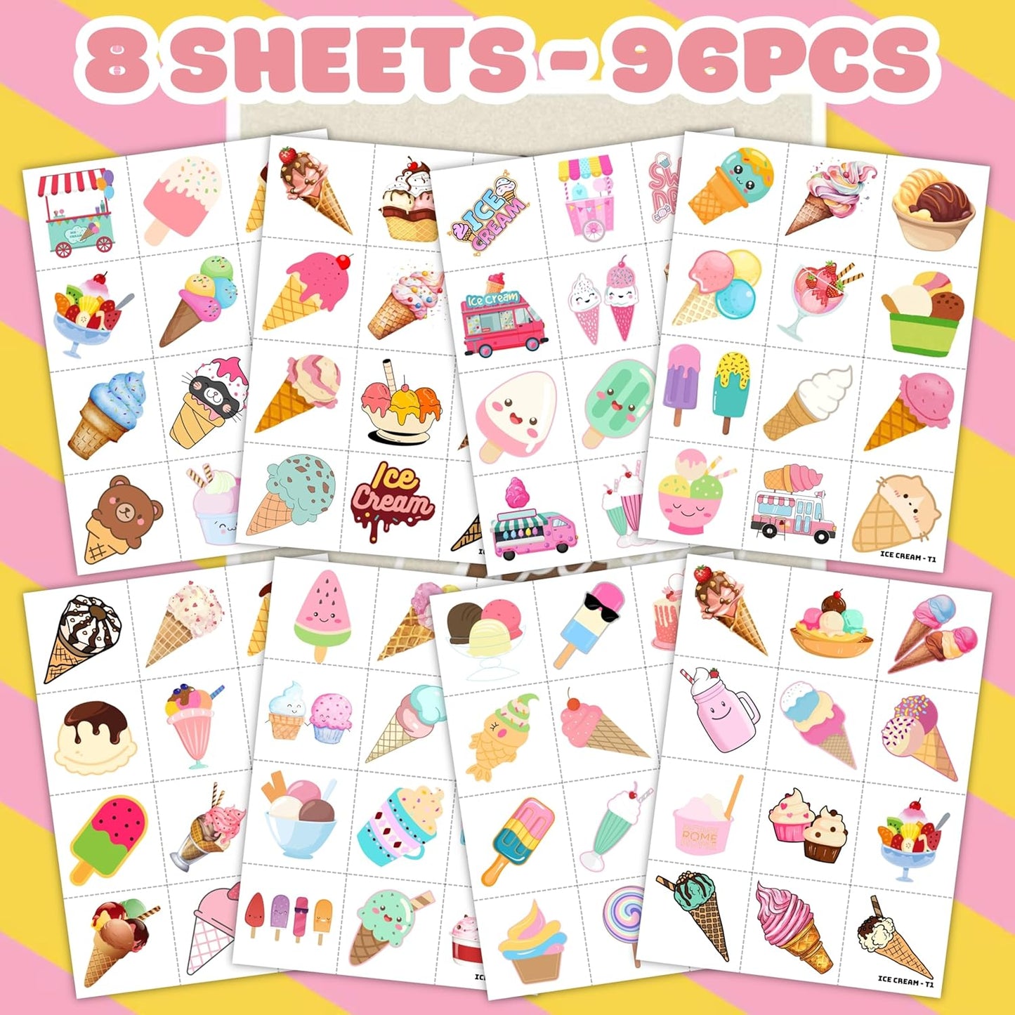 8 Sheets (96PCS) Ice Cream Temporary Tattoos Birthday Party Decorations Favors Tattoos Stickers Cute Party Supplies Kids Girls Boys Gifts Classroom School Prizes Themed