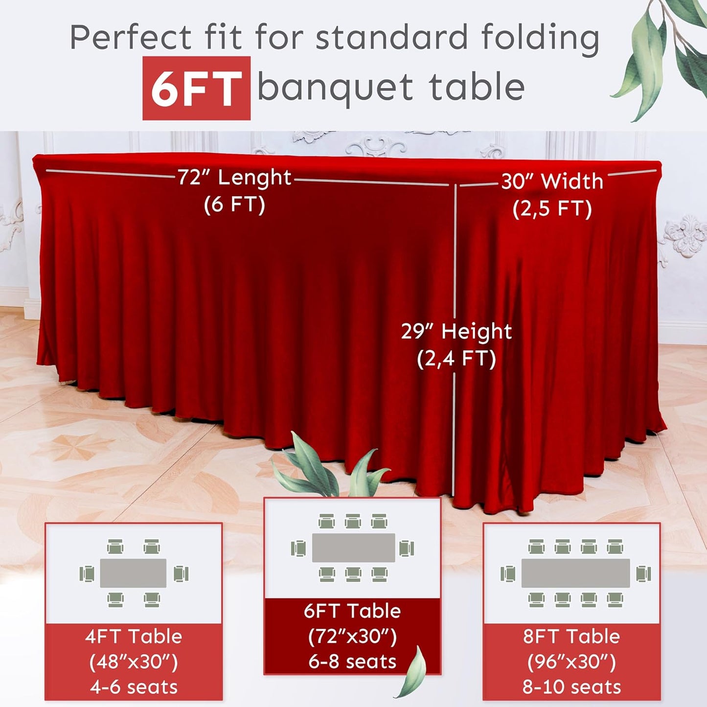 Table Skirt for Rectangular Tables 6ft - Spandex TableCovers for Standard 6 Foot Table - One Piece Fitted Elastic Tablecloth - Wrinkle Resistant Ruffles Design for Weddings, Party, Events (Red)