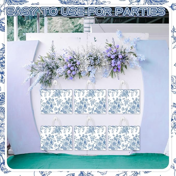 Kolldenn 24 Pcs Blue Floral Party Favor Bags with Handles 16 x 6 X12inch Extra Large Scalloped Wildflower Goodie Candy Gift Treat Bags for Birthday Decoration for Bridal Baby Shower Party Supplie