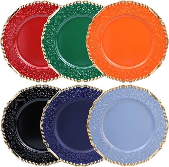 Royal Blue Charger Plates with Beaded Rims, Set of 6 Plastic Wedding Bulk Plate Charges for Dinner Plates, Table Decoration, Holiday, Thanksgiving, Christmas.