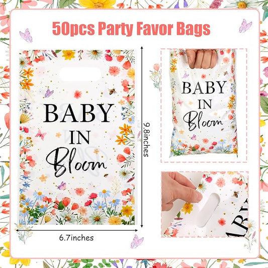 Serencatcher 50Pcs Baby In Bloom Party Favor Bags Widflower Baby Shower Goodie Bags Plastic Floral Gift Bags Candy Bags with Handles for Wildflower Baby In Bloom Baby Shower Decorations Party Supplies