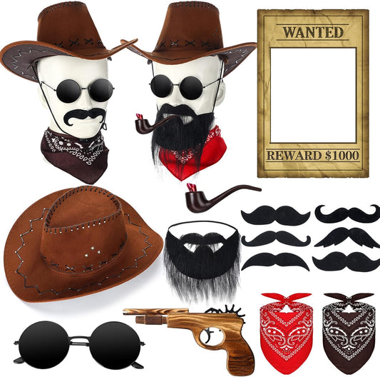 20 Pcs Halloween Western Photo Booth Props Kit Wanted Poster West Cowboy Party Decoration Western Wanted Theme Photo Booth Frame Cowboy Scarf Beard Glasses Hat Set for Halloween West Rustic Party