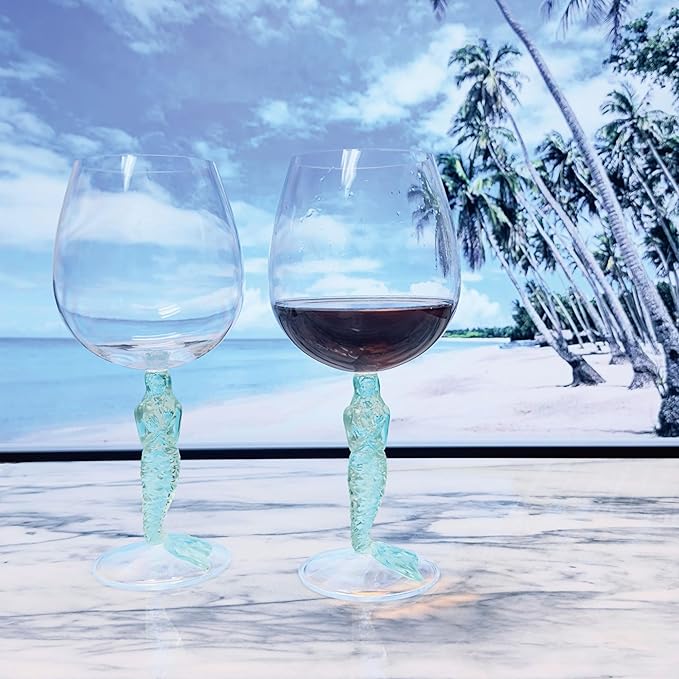 Supreme Housewares Mermaid Stem Wine Glasses, Blue Mermaid-Shaped Reusable Shatterproof Acrylic Glass for Red or White Wine, Poolside, Outdoors, Parties, 17 oz, Set of 2