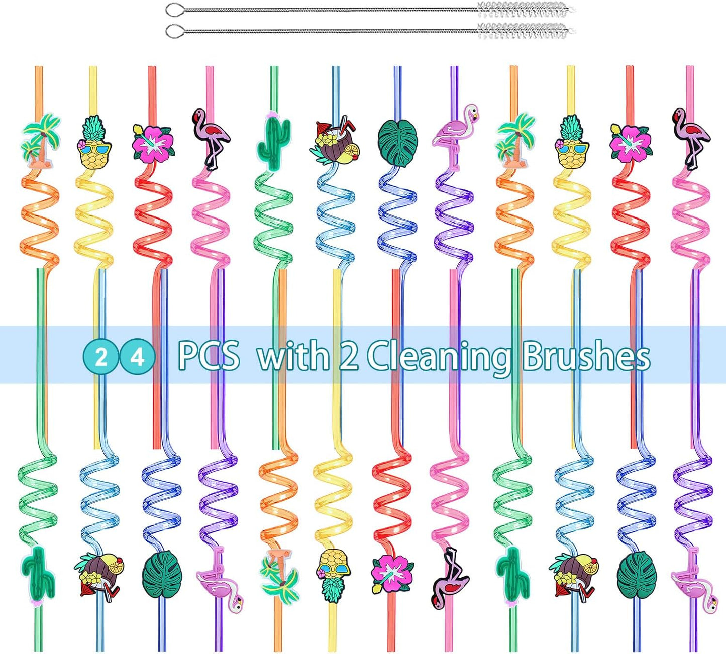 Reusable Hawaiian Straws for Summer Birthday Party Favors, 24 PCS Swirly Straws for Beach Party Decorations Supplies Drinking Straws with Cleaning Brush