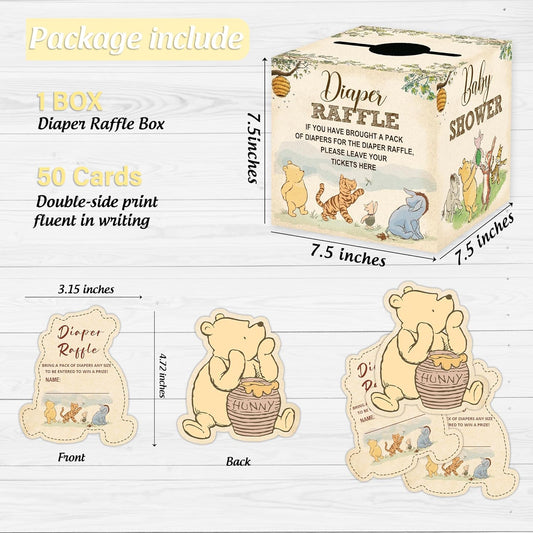 Winnie Baby Shower Decorations, Pooh Party Decorations, the Pooh Baby Shower Games, Winnie Diaper Raffle Box With 50Pcs Winnie Cards，Oh Baby Newborn Party Favors Boys and Girls First Birthday Supplies