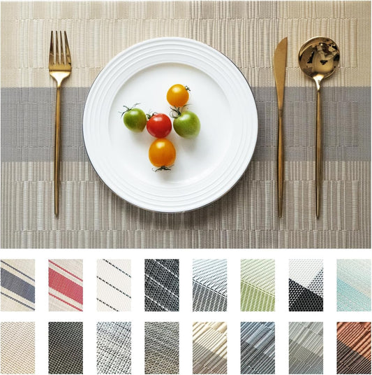 Placemats Set of 6 Vinyl/Plastic Woven Place Mats for Kitchen Table Indoor/Outdoor Washable Placemat Wipeable Dining Table Mats (Ombre Glod,6)