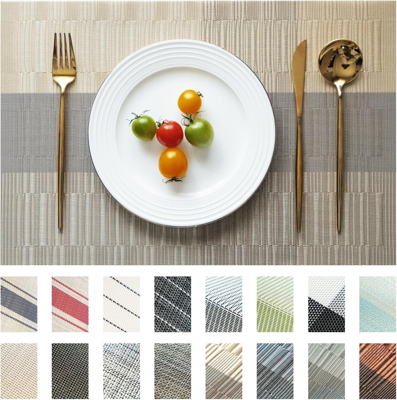 Placemats Set of 8 Vinyl/Plastic Woven Place Mats for Kitchen Table Indoor/Outdoor Washable Placemat Wipeable Dining Table Mats (Ombre Glod,8)