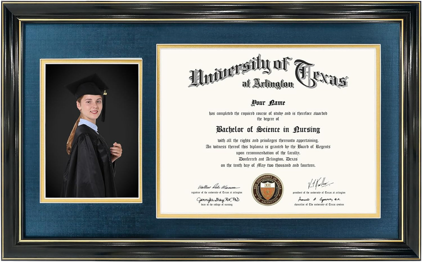 GraduationMall 11x19 Black Diploma and Photo Frame for 8.5x11 Certificate,5x7 Picture,Tempered Glass,Navy Blue over Gold Double Mat